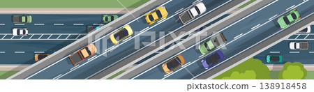 Top view of complex multi level highway interchange with heavy traffic flow. Cars and trucks of various colors move along several lanes seen from an aerial flat perspective with urban landscaping. Top view of complex multi level highway interchange with heavy traffic flow. Cars and trucks of various colors move along several lanes seen from an aerial flat perspective with urban landscaping. 138918458