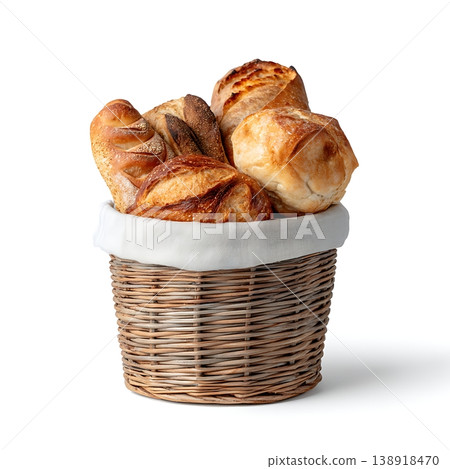 Freshly Baked Pastries Displayed in a Bready Woven Basket on a White Background Freshly Baked Pastries Displayed in a Bready Woven Basket on a White Background 138918470
