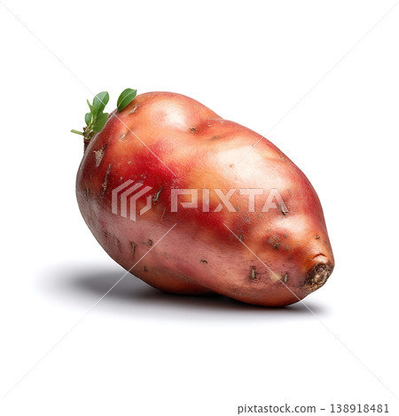 Fresh Raw Sweet Potato with Orange Flesh and Green Leaves Isolated on White Background Fresh Raw Sweet Potato with Orange Flesh and Green Leaves Isolated on White Background 138918481