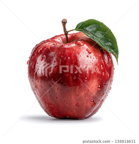 Fresh Red Apple with Water Droplets on White Background Ideal for Healthy Eating Themes Fresh Red Apple with Water Droplets on White Background Ideal for Healthy Eating Themes 138918631