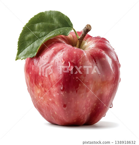 Fresh Red Apple with Water Droplets and Green Leaf Isolated on White Background Fresh Red Apple with Water Droplets and Green Leaf Isolated on White Background 138918632