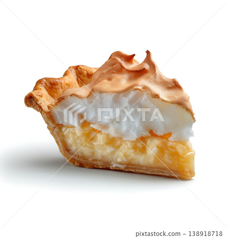 Delicious Lemon Meringue Pie Slice with Golden Crust and Fluffy Topping on White Background 138918718