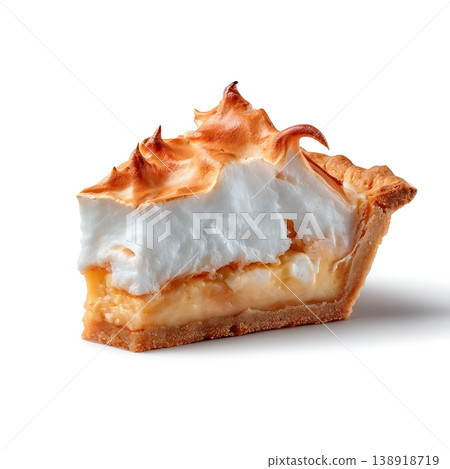 Delicious slice of lemon meringue pie with golden toasted meringue topping and crust Delicious slice of lemon meringue pie with golden toasted meringue topping and crust 138918719