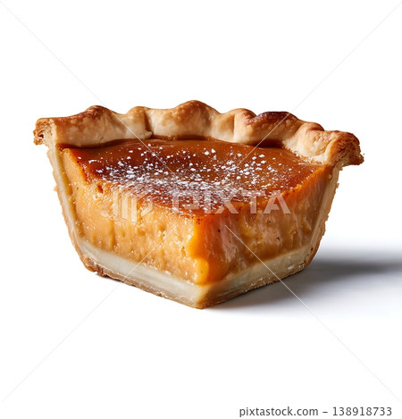 Creamy Pumpkin Pie Slice with Whipped Cream and Dusting of Powdered Sugar on Top Creamy Pumpkin Pie Slice with Whipped Cream and Dusting of Powdered Sugar on Top 138918733
