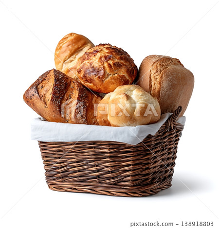 Freshly Baked Assortment of Artisan Bread Loaves in a Rustic Wicker Basket Display Freshly Baked Assortment of Artisan Bread Loaves in a Rustic Wicker Basket Display 138918803