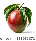 Juicy Fresh Mango with Water Drops and Green Leaves on White Background 138918872