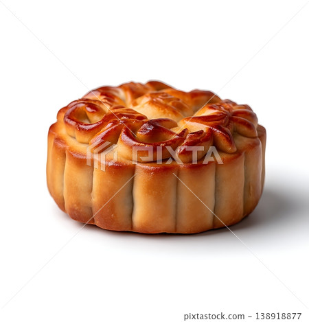 Traditional mooncake with intricate design on a white background showcasing its elegance Traditional mooncake with intricate design on a white background showcasing its elegance 138918877