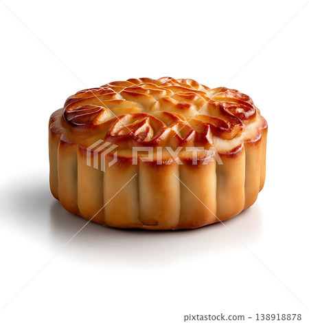 Exquisite Round Mooncake with Intricate Designs on White Background for Festive Celebrations 138918878