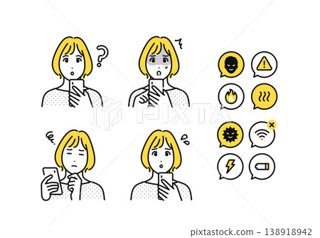 A 30-something woman with a smartphone and a set of notification icons for smartphone troubles. A 30-something woman with a smartphone and a set of notification icons for smartphone troubles. 138918942