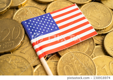 USA America flag on coins money, finance and accounting, banking. USA America flag on coins money, finance and accounting, banking. 138918974