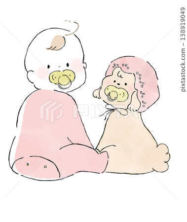 插圖描繪了一個戴著配套奶嘴的嬰兒和一隻戴著嬰兒帽的玩具貴賓犬。 138919049