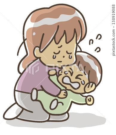 一個抱著哭泣嬰兒、神情焦慮的人(表情陰鬱) 一個抱著哭泣嬰兒、神情焦慮的人(表情陰鬱) 138919088