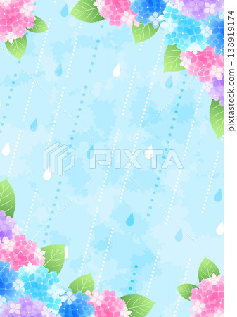 雨季背景，直式版，可愛，繡球花，雨，斜角邊框 138919174