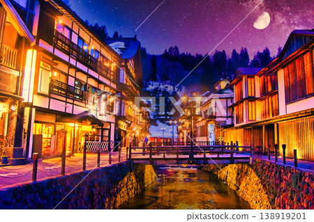 Beautiful night view of Ginzan Onsen in winter Beautiful night view of Ginzan Onsen in winter 138919201