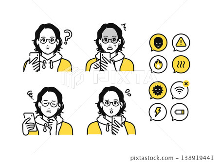 A casually dressed man in a hoodie holding a smartphone, and a set of notification icons for smartphone problems. 138919441