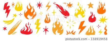 Fire flame icon doodle set. Hand drawn fire flame brush scribble grunge chalk texture shape graphic. Lightning bolt explosion energy blast power sticker rock burst. Vector 138919458