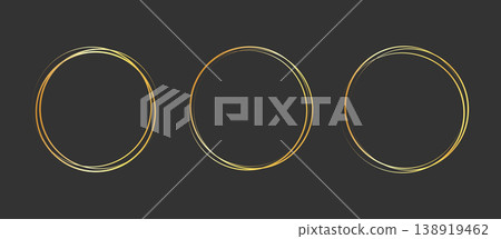 Gold golden frame ring set. Gold circular round frame line glitter luxury thin outline border. Whimsical doodle sparkle light metal effect for wedding logo decoration. Vector Gold golden frame ring set. Gold circular round frame line glitter luxury thin outline border. Whimsical doodle sparkle light metal effect for wedding logo decoration. Vector 138919462