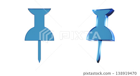 A 3D illustration of a flat thumbtack icon. The mark has a translucent, blue, glass-like texture. A 3D illustration of a flat thumbtack icon. The mark has a translucent, blue, glass-like texture. 138919470