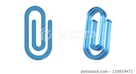 A 3D illustration of a flat icon of a stationery clip. The mark has a translucent, blue, glass-like texture. 138919471