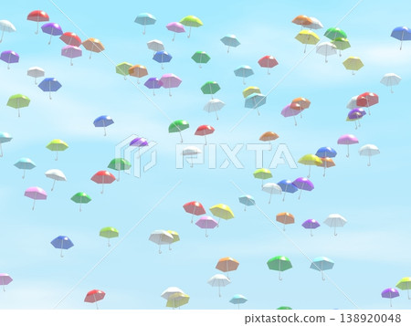 A 3DCG landscape of many colorful umbrellas floating in a blue sky A 3DCG landscape of many colorful umbrellas floating in a blue sky 138920048
