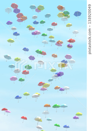 A 3DCG vertical landscape of many colorful umbrellas floating in a blue sky. A 3DCG vertical landscape of many colorful umbrellas floating in a blue sky. 138920049
