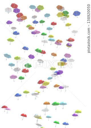 A 3DCG vertical landscape of many colorful umbrellas floating in the sky. Transparent background, semi-transparent umbrella fabric. A 3DCG vertical landscape of many colorful umbrellas floating in the sky. Transparent background, semi-transparent umbrella fabric. 138920050