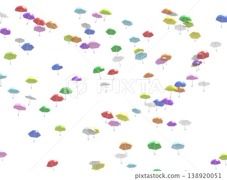 A 3DCG landscape of many colorful umbrellas floating in the sky; transparent background, semi-transparent umbrella fabric. A 3DCG landscape of many colorful umbrellas floating in the sky; transparent background, semi-transparent umbrella fabric. 138920051