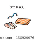 Illustrations of raw salmon and mackerel and Anisakis parasites 138920076