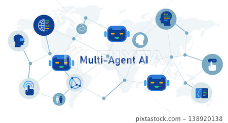 decentralized multi agent ai ecosystem featuring various specialized robotic and human interface nodes connected across a global map background depicting neural networks collaborative intelligence 138920138