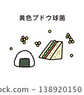 An illustration of a rice ball, a sandwich, and Staphylococcus aureus. 138920150