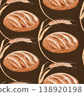 Seamless pattern with bread and wheat, hand painted watercolor bakery illustration on dark background. Natural organic food design for packaging, fabric, wallpaper, wrapping paper and branding 138920198
