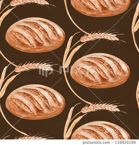 Seamless pattern with bread and wheat, hand painted watercolor bakery illustration on dark background. Natural organic food design for packaging, fabric, wallpaper, wrapping paper and branding 138920198