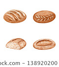 Artisan sourdough bread watercolor set with assorted loaves, decorative scoring, cut slice with detailed crumb texture. Hand painted rustic bakery illustration for packaging design, organic branding 138920200