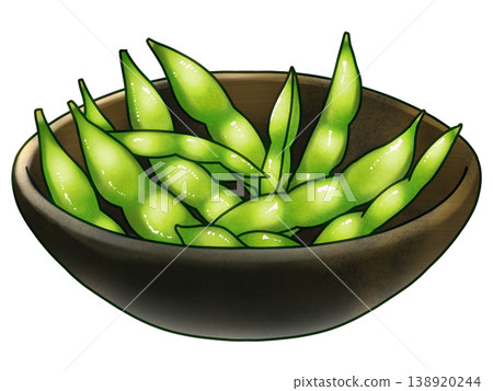 一幅擺放在盤子裡的毛豆插圖。 138920244