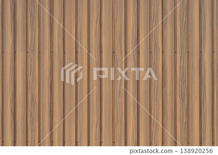 Vertical warm wood panel wall texture with narrow planks and visible fasteners 138920256