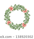 Botanical wreath with roses and lush green leaves. Floral frame for wedding invitations, greeting cards, monograms, stationery, social media. Hand drawn aesthetic. 138920302