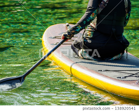 Water sports in nature: Close-up of a woman paddling a SUP board. Water sports in nature: Close-up of a woman paddling a SUP board. 138920541
