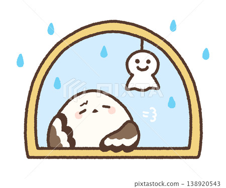 雨中的窗邊,一隻神情憂鬱的長尾山雀。 雨中的窗邊,一隻神情憂鬱的長尾山雀。 138920543
