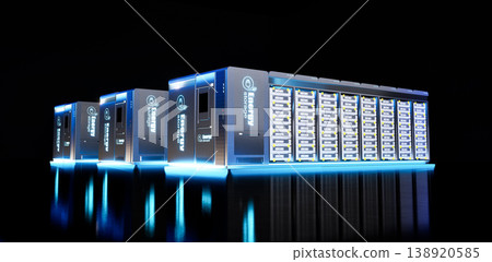 Group of energy storage systems or battery container units on black background 138920585