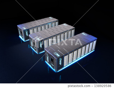 Group of energy storage systems or battery container units isometric 138920586