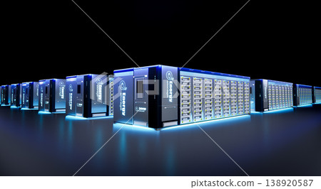 Group of energy storage systems or battery container units on black background 138920587