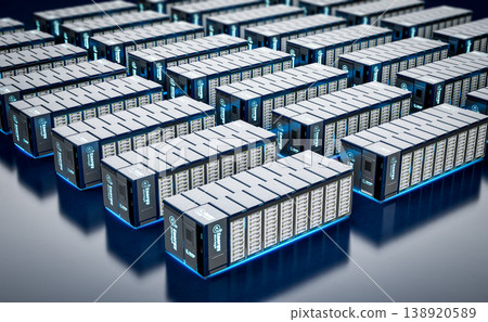 Group of energy storage systems or battery container units isometric 138920589