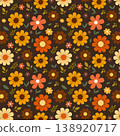 Retro 70s Floral Seamless Pattern with Daisy Flowers in Warm Earth Tone on Dark Brown Background 138920717