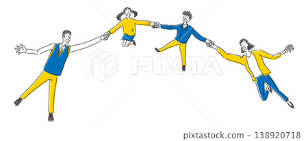A simple full-body illustration of a family happily jumping while holding hands and smiling. A simple full-body illustration of a family happily jumping while holding hands and smiling. 138920718