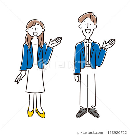 A set of simple full-body illustrations of a smiling male and female office worker giving directions. A set of simple full-body illustrations of a smiling male and female office worker giving directions. 138920722