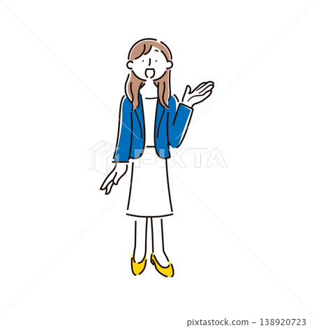 A simple full-body illustration of a smiling female office worker giving directions. 138920723