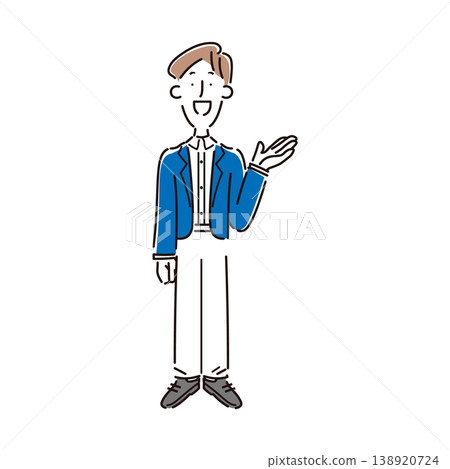 A simple full-body illustration of a smiling male office worker giving directions. A simple full-body illustration of a smiling male office worker giving directions. 138920724