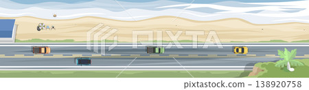 Above view of panoramic a coastal highway running parallel to a sandy beach and ocean waves. Cars driving along the multi lane road. Framed by tropical greenery and soft dunes. Banner background. Above view of panoramic a coastal highway running parallel to a sandy beach and ocean waves. Cars driving along the multi lane road. Framed by tropical greenery and soft dunes. Banner background. 138920758