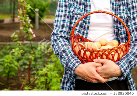 Close-up of a farmer holding a wicker basket full of fresh brown chicken eggs in the garden. Organic farming, poultry breeding, and healthy food harvest concept Close-up of a farmer holding a wicker basket full of fresh brown chicken eggs in the garden. Organic farming, poultry breeding, and healthy food harvest concept 138920840