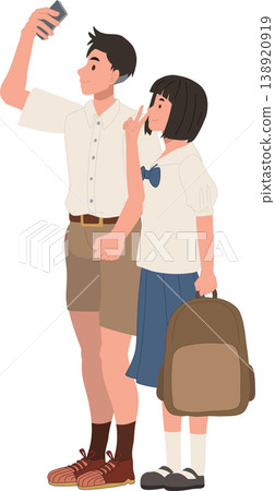 teenagers taking selfie friends school life illustration with backpack smartphone casual uniform youthful bonding digital lifestyle 138920919